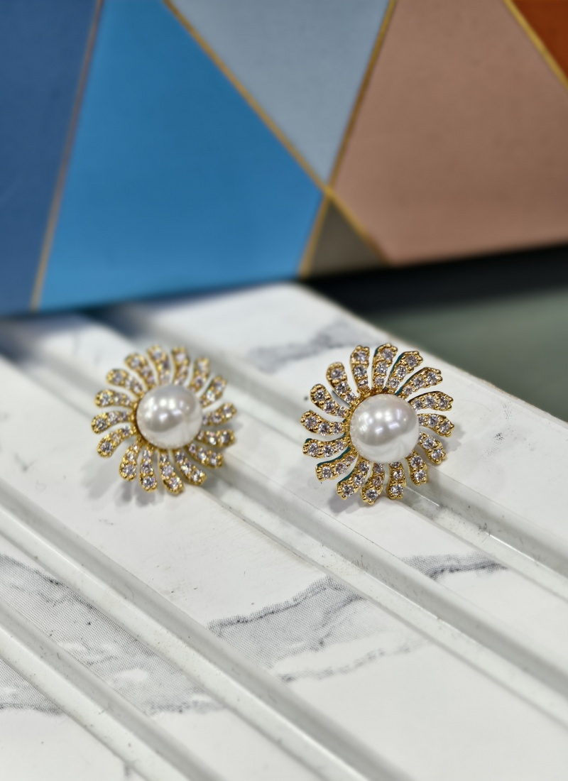 Dazzling Brass Earrings Adorned With Ad Stone And White Moti For Daily Elegance