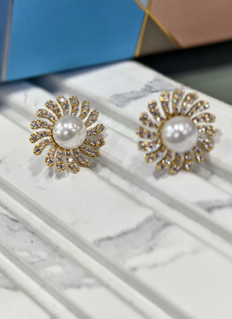 Dazzling Brass Earrings Adorned With Ad Stone And White Moti For Daily Elegance