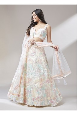 Cream Net Sequinse Wedding Lehenga Choli