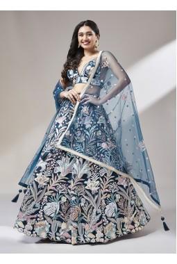 Navy Blue Net Sequins Wedding Lehenga Choli