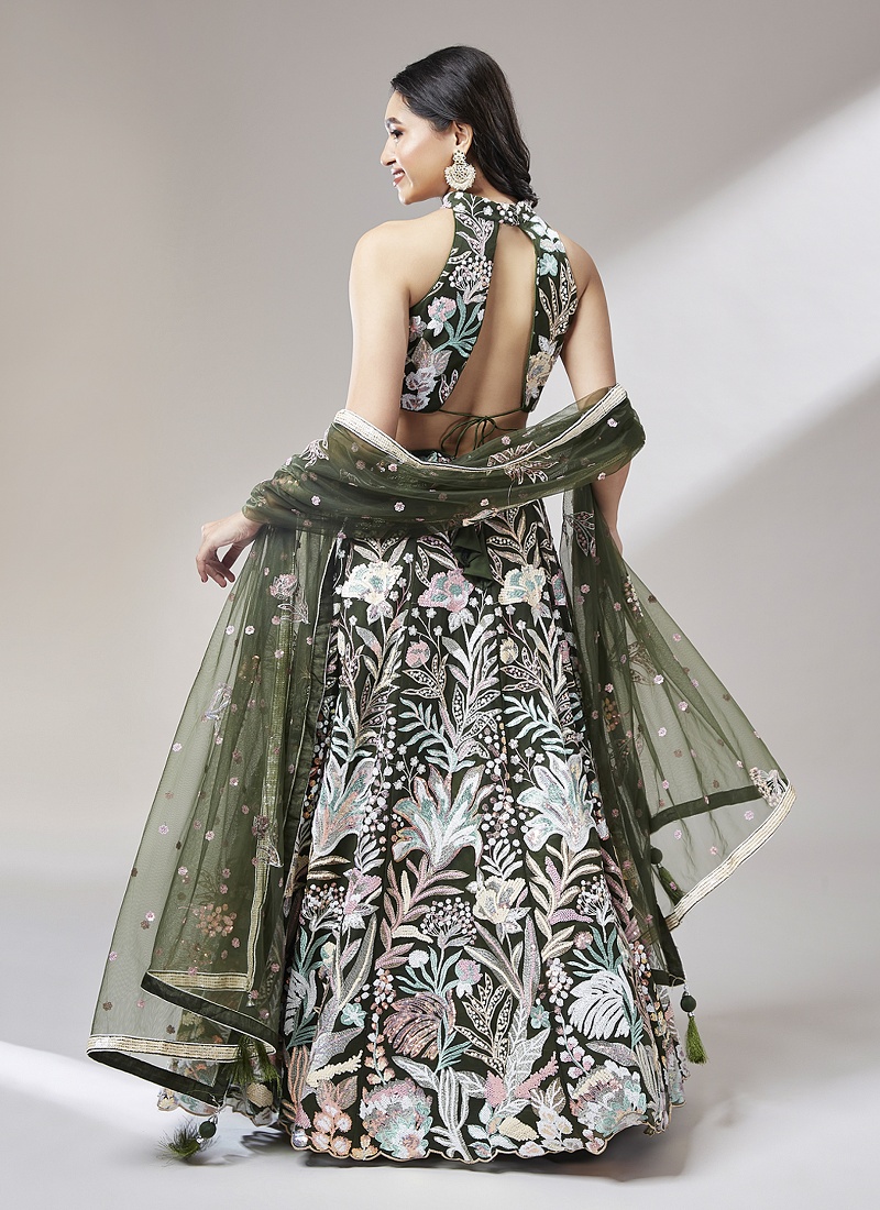 Olive Net Sequinse Wedding Lehenga Choli