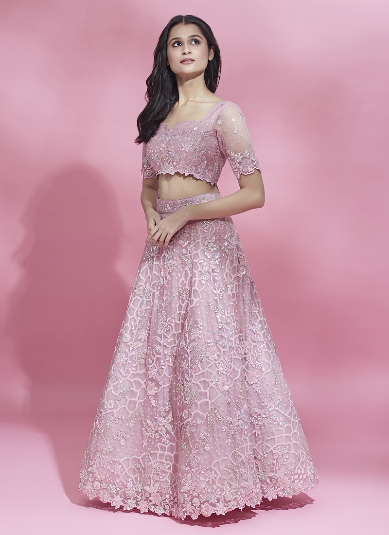 Coral Net Sequins Wedding Lehenga Choli Coral Net Sequins Wedding Lehenga Choli