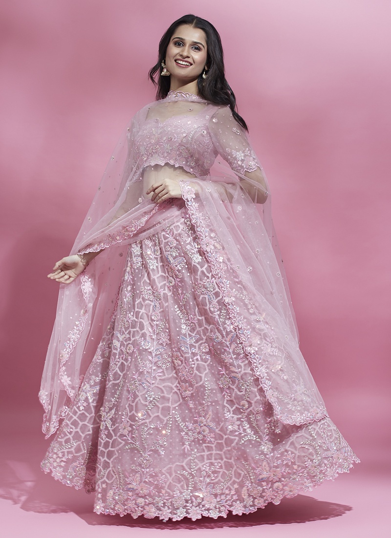 Coral Net Sequins Wedding Lehenga Choli Coral Net Sequins Wedding Lehenga Choli