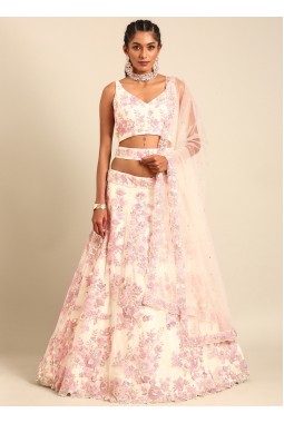Cream Net Sequins Wedding Lehenga Choli