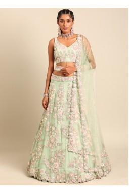 Lime Green Net Sequins Wedding Lehenga Choli