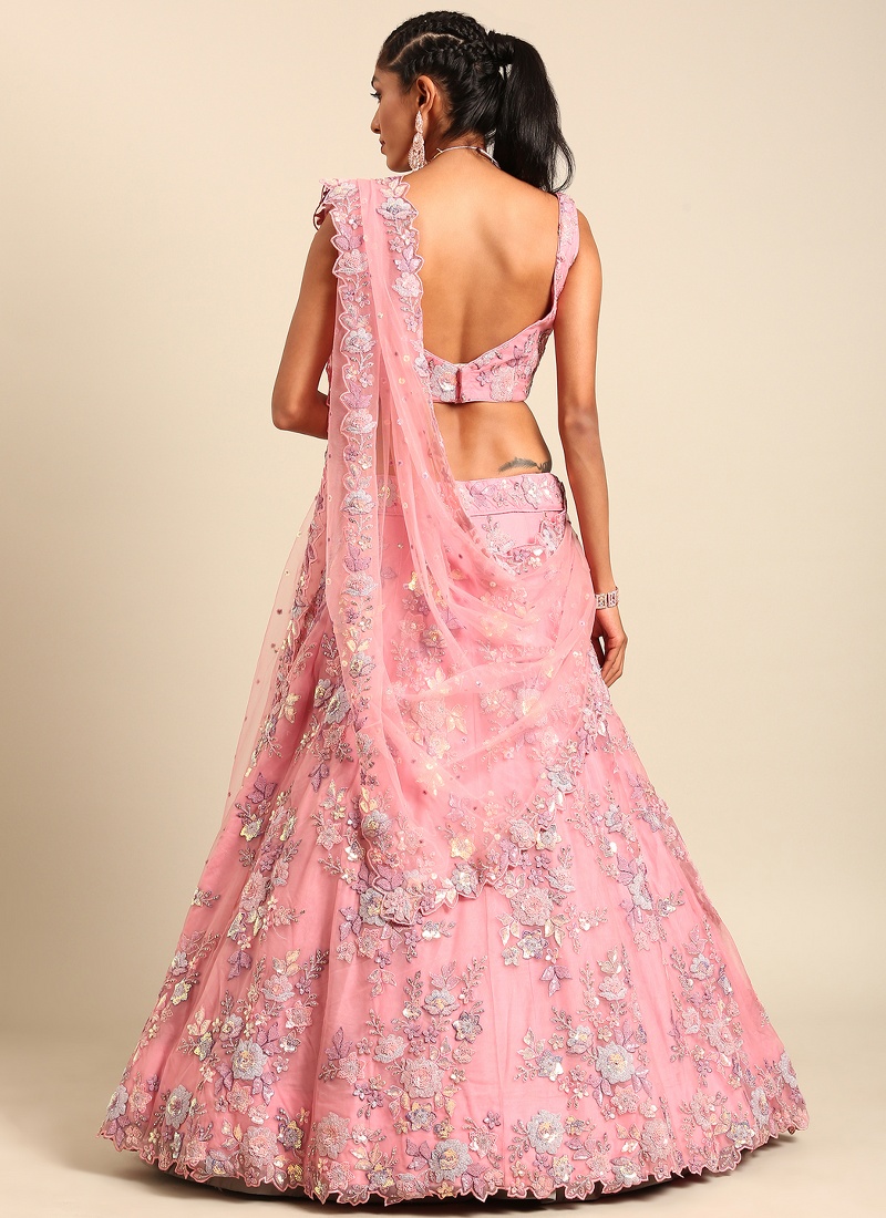 Pink Net Sequins Wedding Lehenga Choli