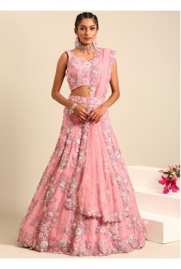 Pink Net Sequins Wedding Lehenga Choli