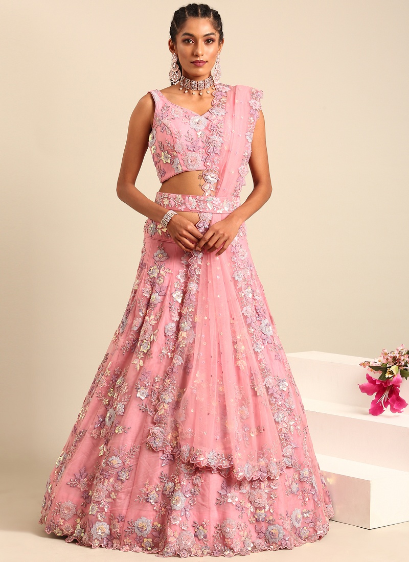 Pink Net Sequins Wedding Lehenga Choli