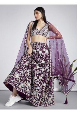 Burgundy Net Sequins Wedding Lehenga Choli 