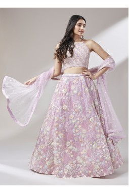 Coral Net Sequins Wedding Lehenga Choli