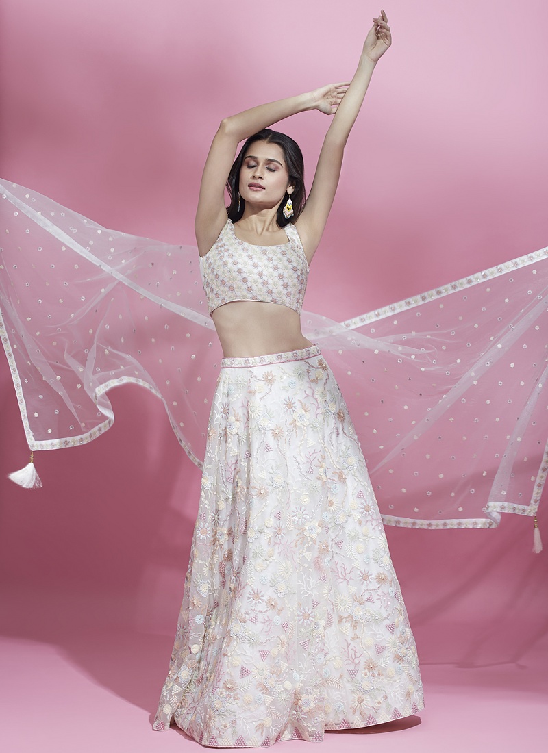Cream Net Sequins Wedding Lehenga Choli Cream Net Sequins Wedding Lehenga Choli