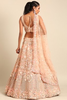 Peach Net Multi Sequins Wedding Lehenga Choli