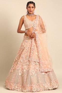 Peach Net Multi Sequins Wedding Lehenga Choli