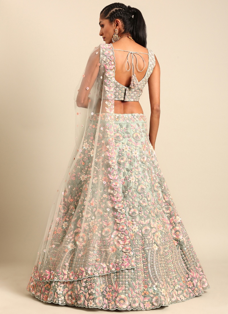 Sea Green Net Multi Sequins Wedding Lehenga Choli