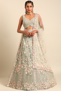 Sea Green Net Multi Sequins Wedding Lehenga Choli