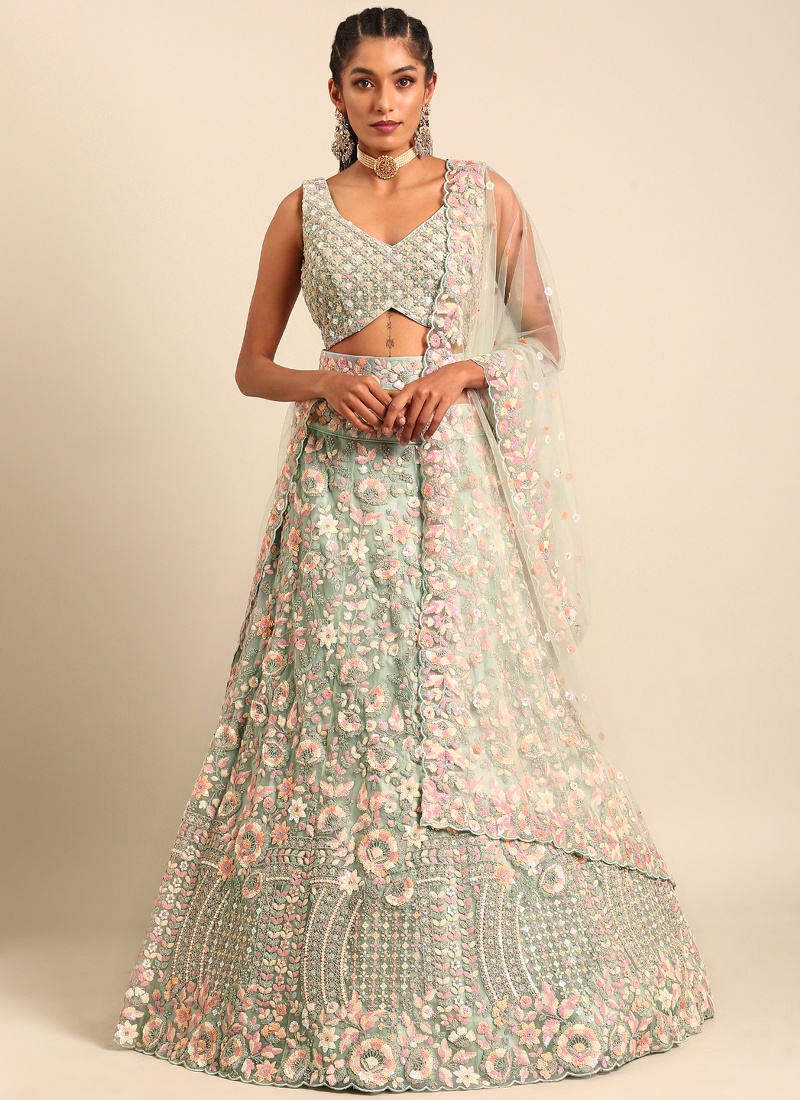 Sea Green Net Multi Sequins Wedding Lehenga Choli