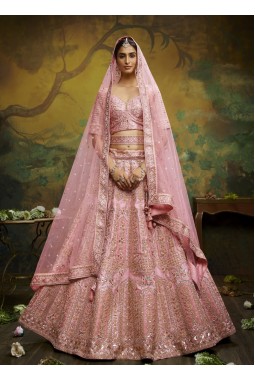 Coral Pure Silk Embroidery Bridal Lehenga Choli