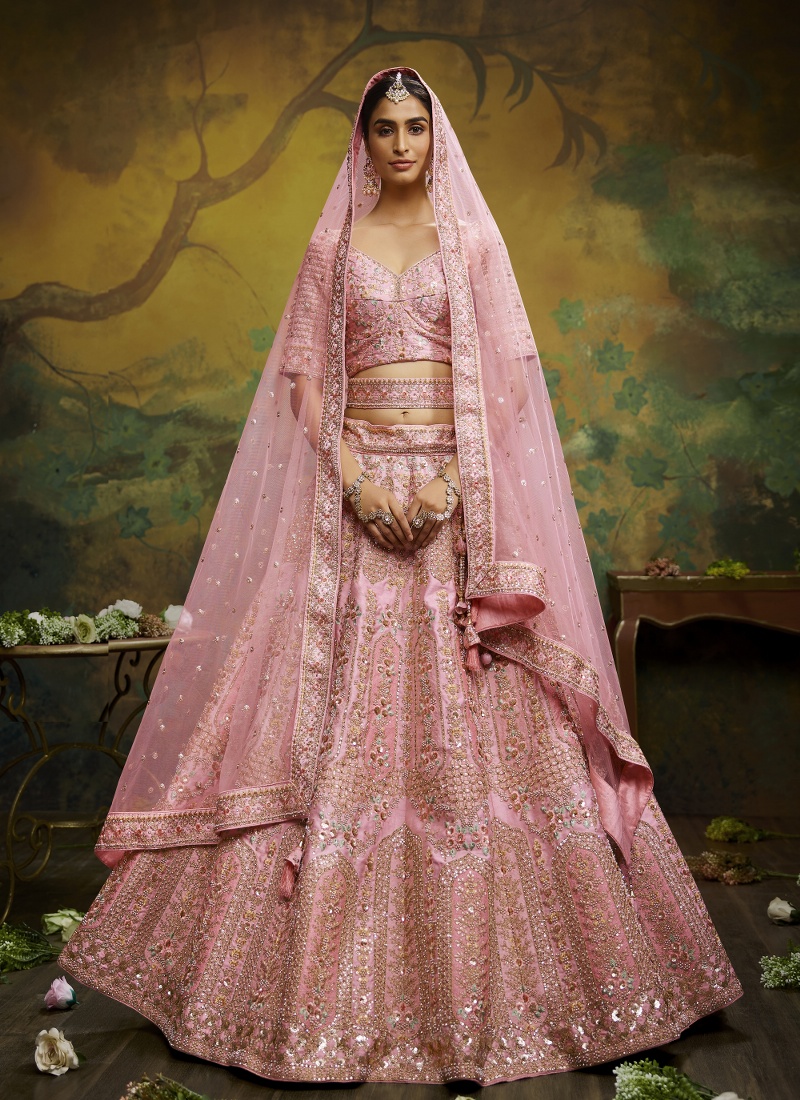 Coral Pure Silk Embroidery Bridal Lehenga Choli Coral Pure Silk Embroidery Bridal Lehenga Choli