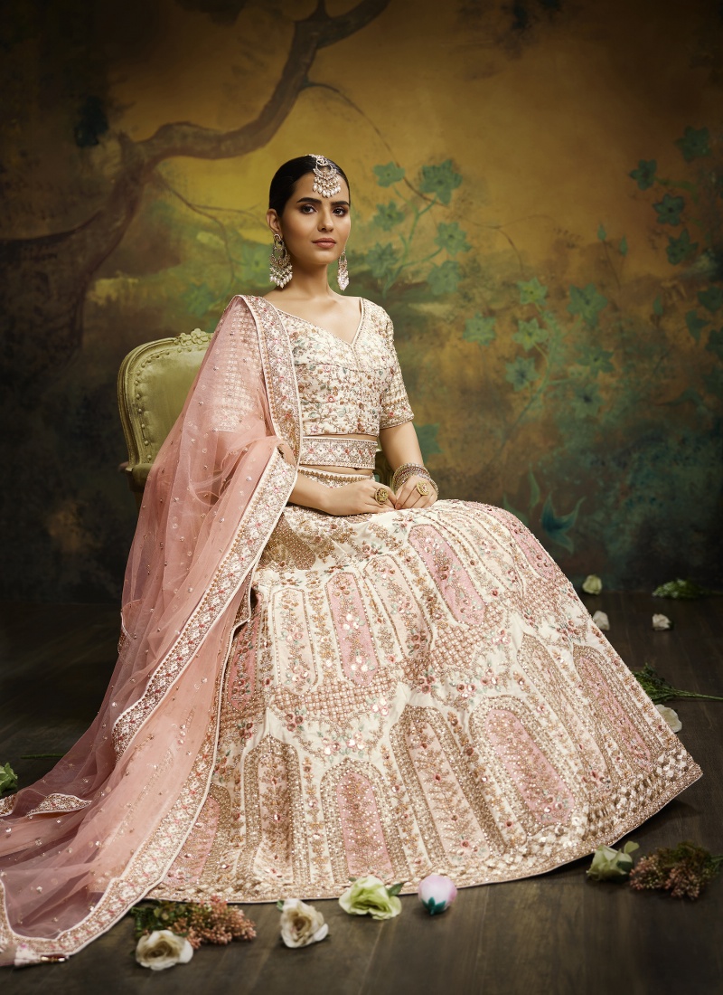 Off White Pure Silk Embroidery Bridal Lehenga Choli Off White Pure Silk Embroidery Bridal Lehenga Choli