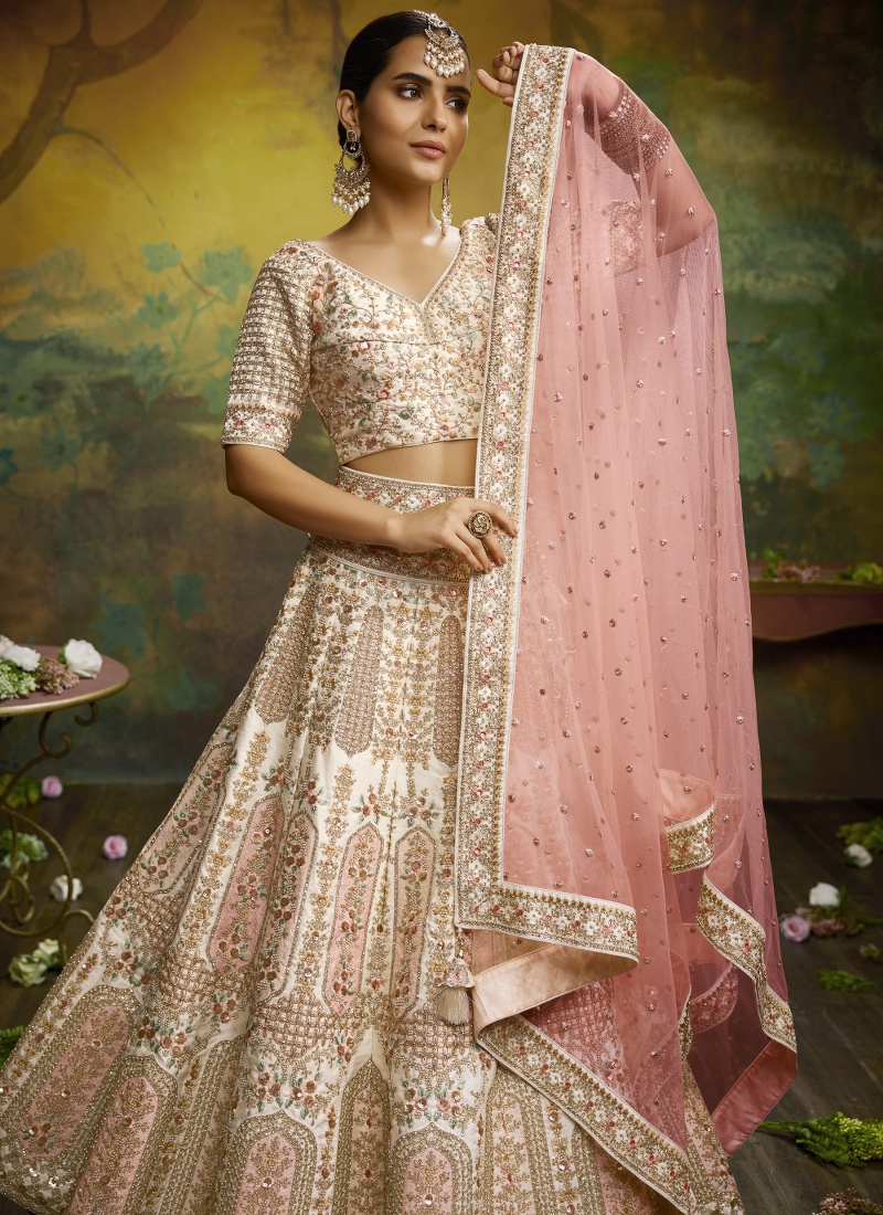 Off White Pure Silk Embroidery Bridal Lehenga Choli Off White Pure Silk Embroidery Bridal Lehenga Choli