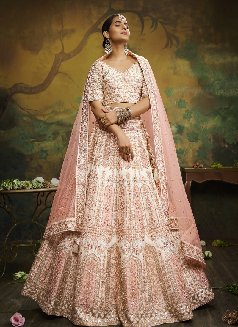 Off White Pure Silk Embroidery Bridal Lehenga Choli Off White Pure Silk Embroidery Bridal Lehenga Choli
