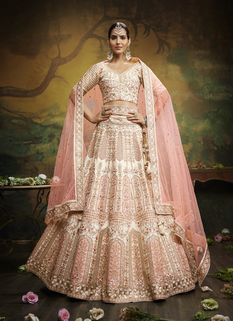Off White Pure Silk Embroidery Bridal Lehenga Choli Off White Pure Silk Embroidery Bridal Lehenga Choli