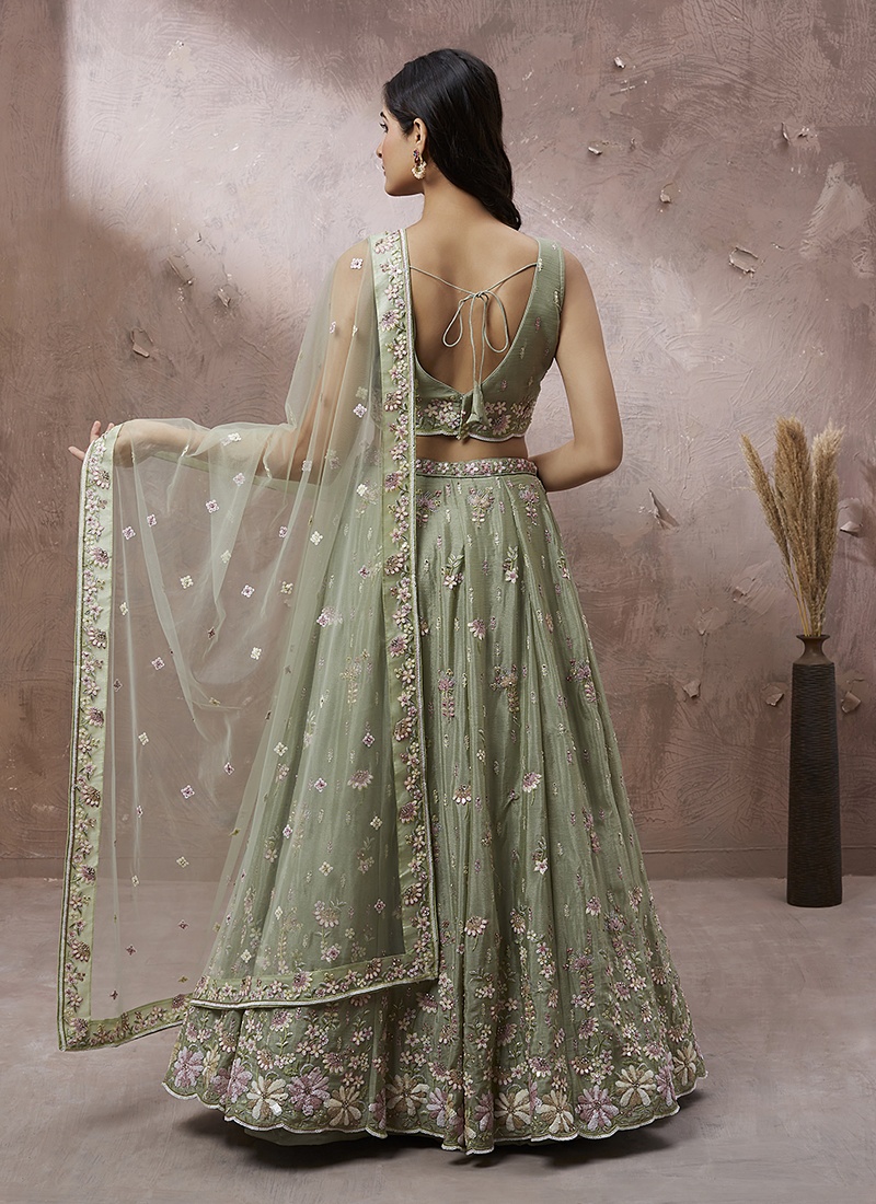 Lime Green Pure Georgette Sequins Wedding Lehenga Choli