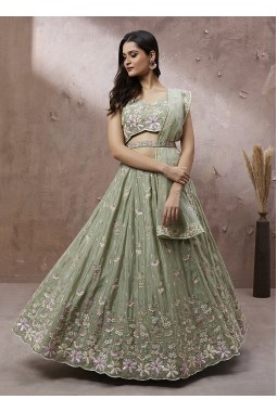 Lime Green Pure Georgette Sequins Wedding Lehenga Choli