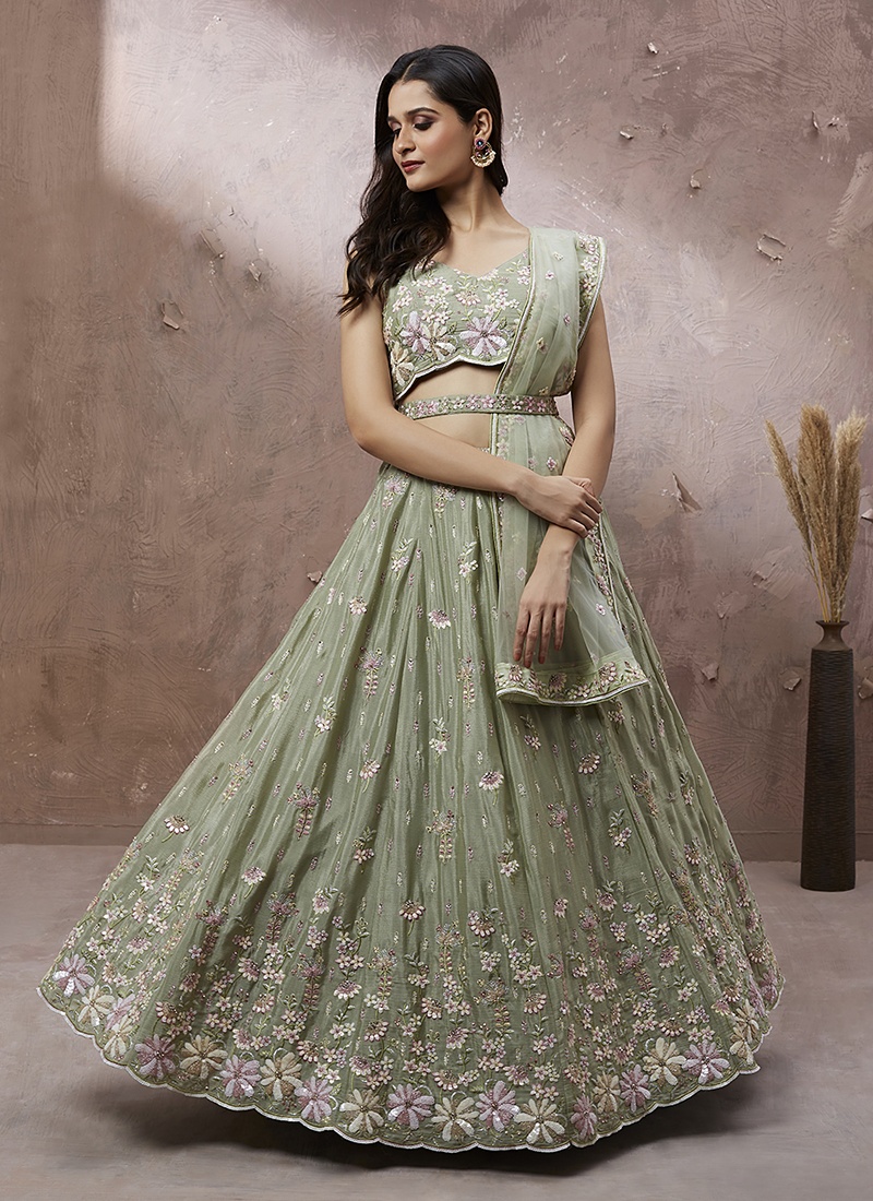 Lime Green Pure Georgette Sequins Wedding Lehenga Choli