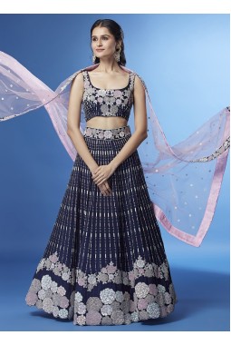 Navy Blue Georgette Multi-Sequins Wedding Lehenga Choli