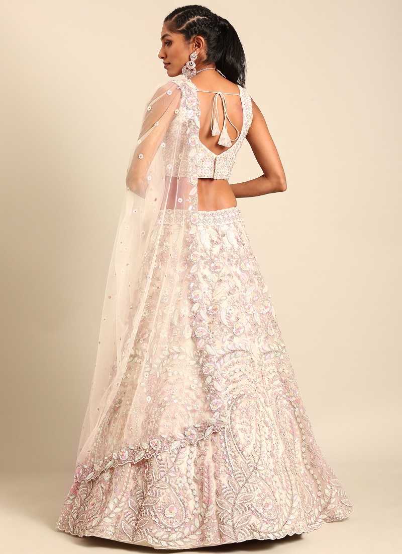 Cream Net Multi Sequins Wedding Lehenga Choli