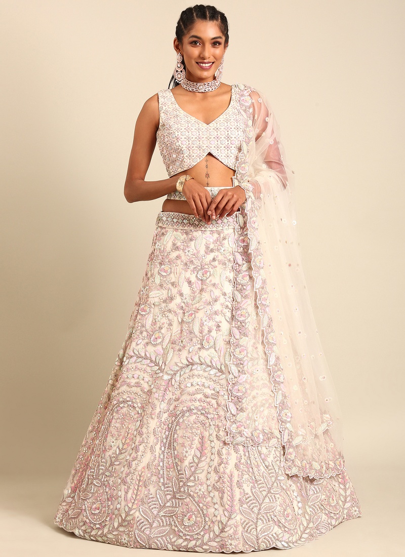 Cream Net Multi Sequins Wedding Lehenga Choli