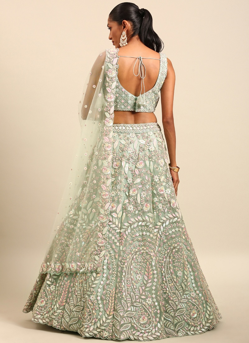 Sea Green Net Multi Sequins Wedding Lehenga Choli