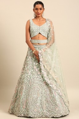 Sea Green Net Multi Sequins Wedding Lehenga Choli