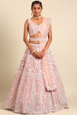 Pink Net Multi Sequins Wedding Lehenga Choli