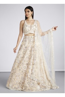 Cream Net Sequins Wedding Lehenga Choli