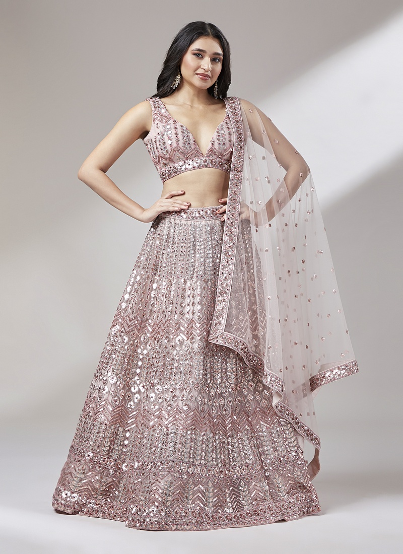 Rose Gold Net Sequins Wedding Lehenga Choli 