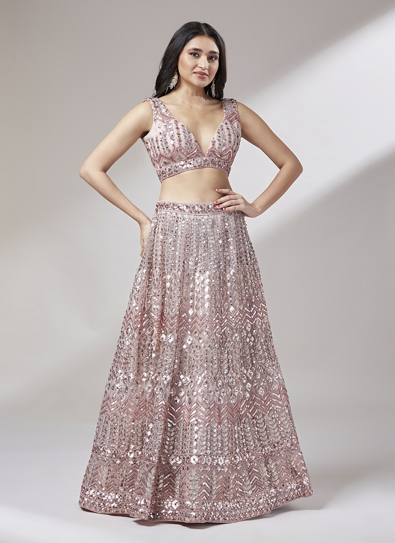 Rose Gold Net Sequins Wedding Lehenga Choli 