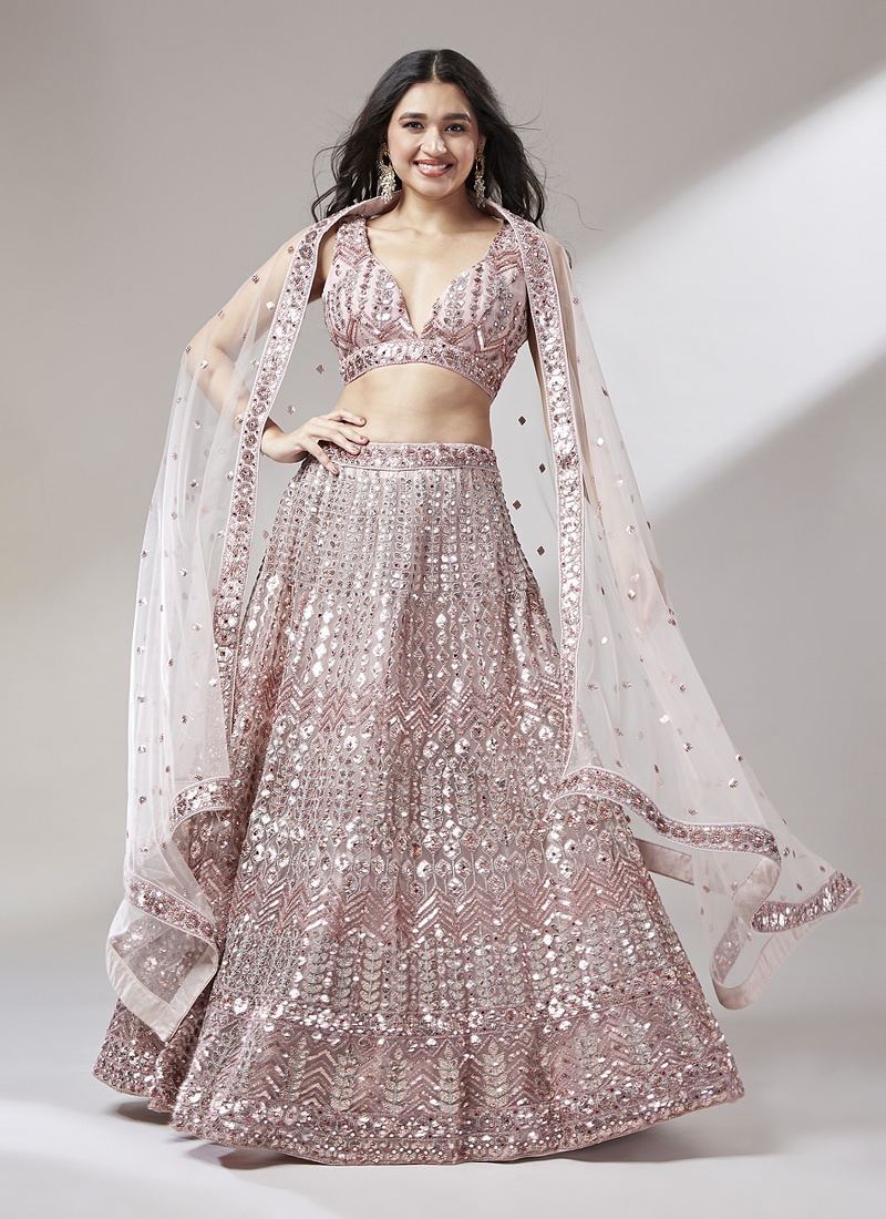 Rose Gold Net Sequins Wedding Lehenga Choli 