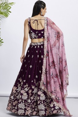 Burgundy Pure Georgette Sequins Wedding Lehenga Choli