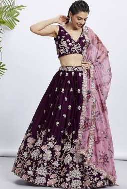 Burgundy Pure Georgette Sequins Wedding Lehenga Choli