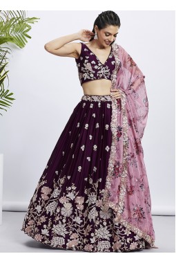 Burgundy Pure Georgette Sequins Wedding Lehenga Choli