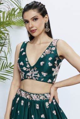 Green Pure Georgette Sequins Wedding Lehenga Choli 