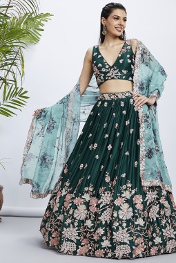 Green Pure Georgette Sequins Wedding Lehenga Choli 