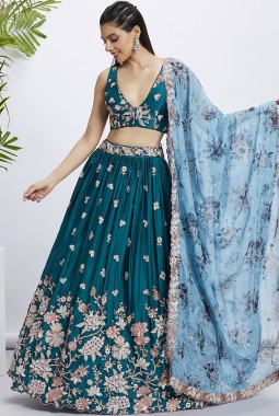 Teal Pure Georgette Sequins Wedding Lehenga Choli