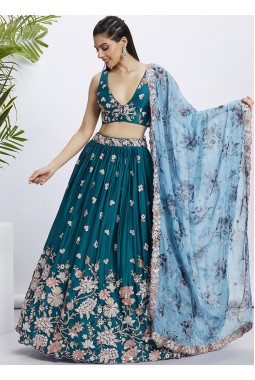 Teal Pure Georgette Sequins Wedding Lehenga Choli