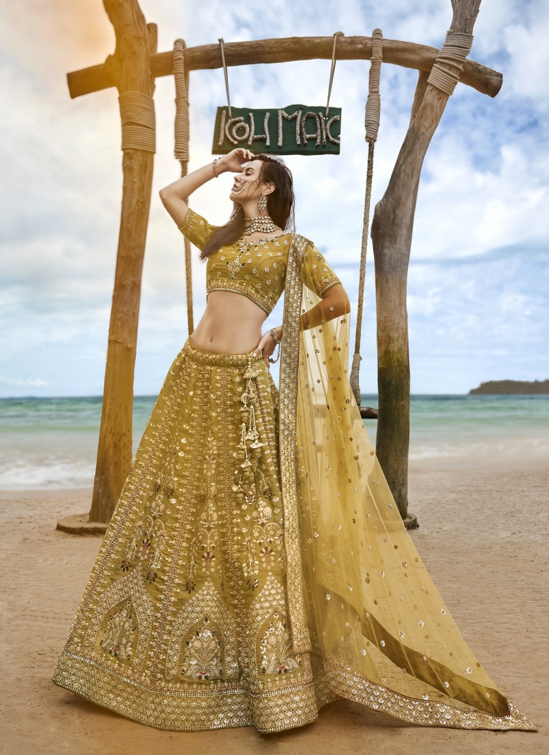 Mustard Net Sequins Bridal Lehenga Choli