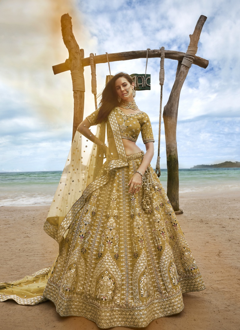 Mustard Net Sequins Bridal Lehenga Choli
