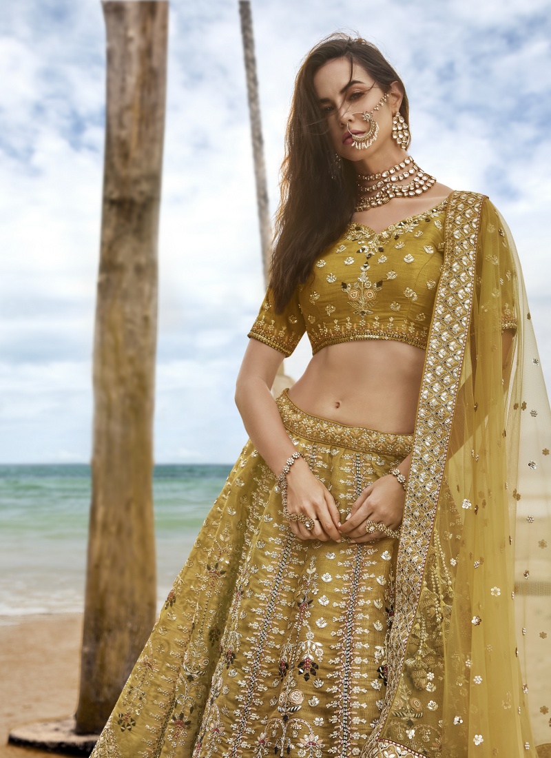 Mustard Net Sequins Bridal Lehenga Choli