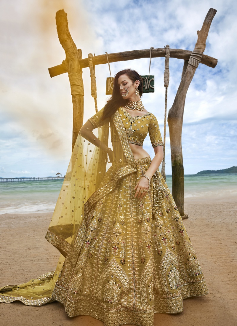Mustard Net Sequins Bridal Lehenga Choli